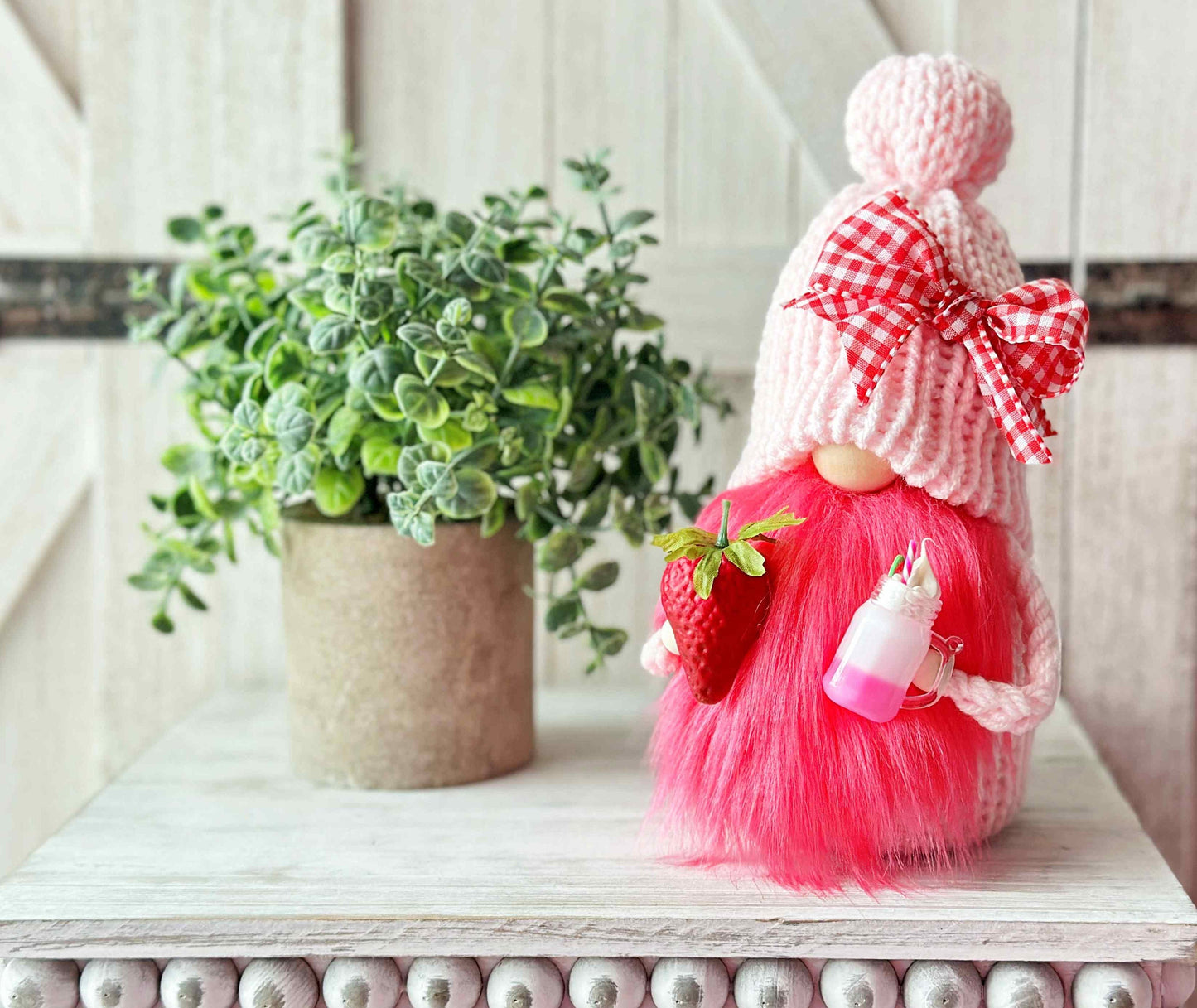 Sweet knit pink strawberry milkshake gnome - Crate of strawberries - tiered tray decor