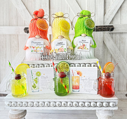 Sweet summer citrus knit gnome - Mini fruit cocktail drinks - Tiered tray decor