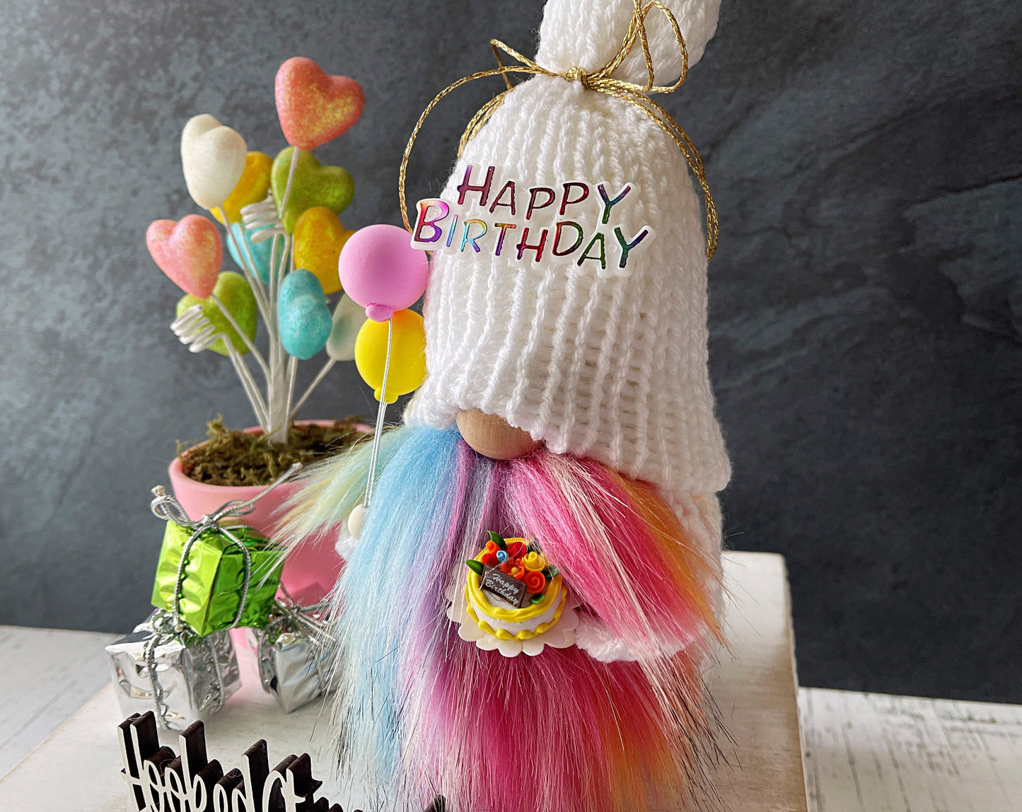 Happy birthday gnome, Birthday gnome, Tiered tray decor, Birthday gift, Novelty gift, Rustic gnome,  Gnome decor, Swedish tomte, Knit gnome,