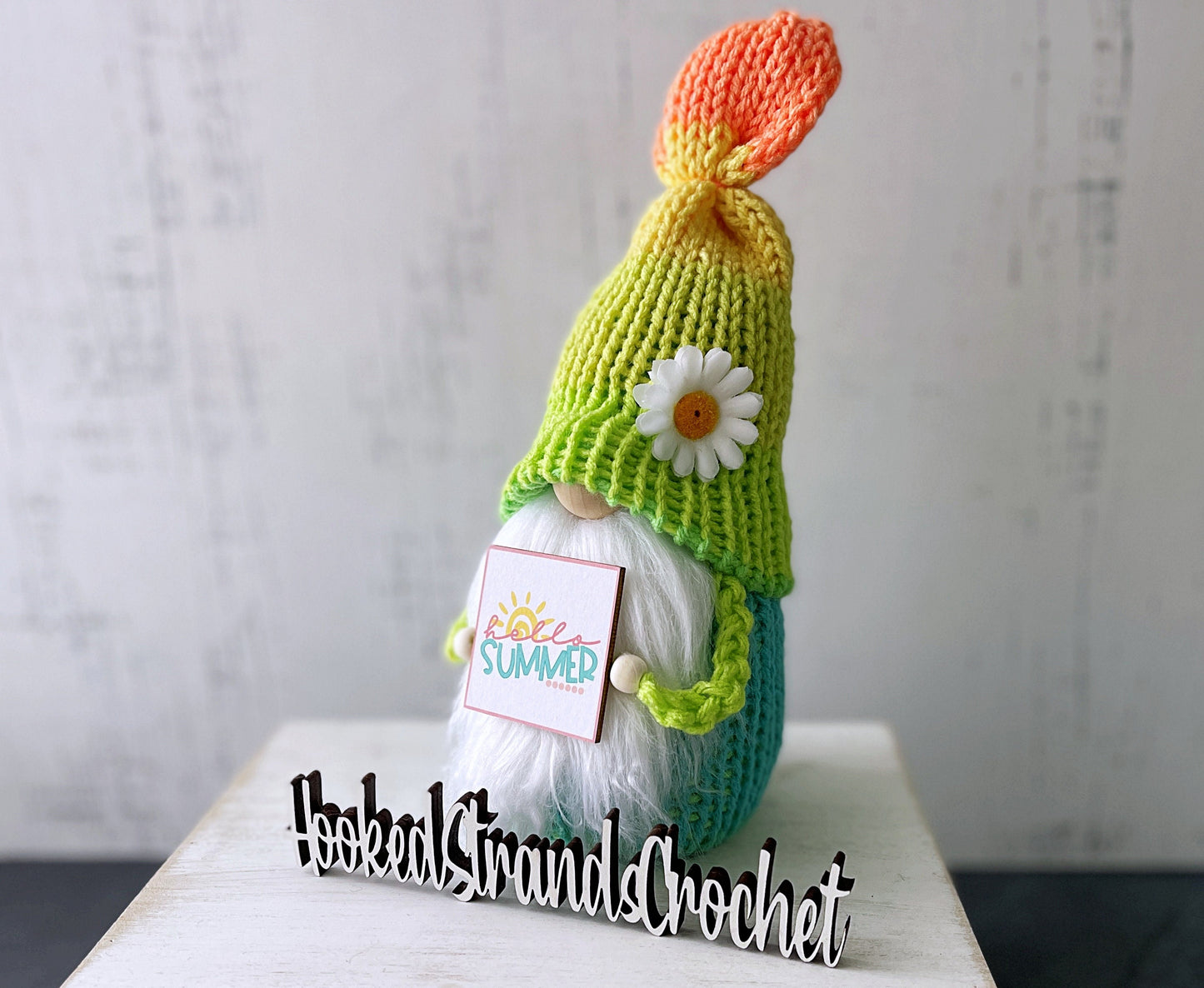 Colorful Summer Knit Gnome with Sign - Cheerful Neon Hues - Perfect for Tiered Tray Display