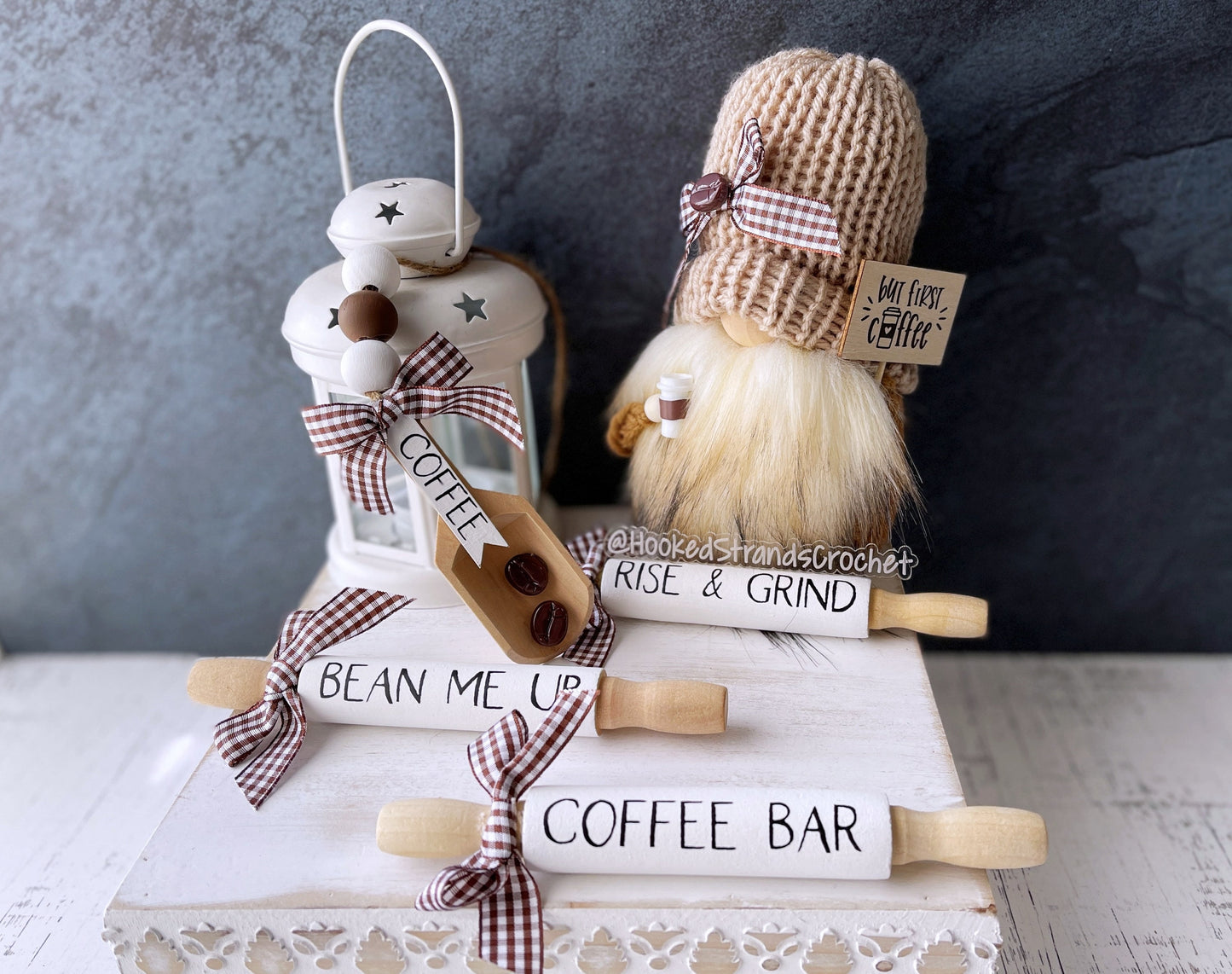 Knit coffee themed gnome with sign - Coffee lover gift - Tiered tray decor