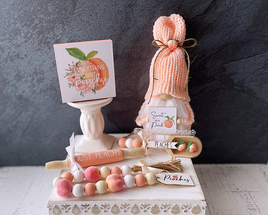 Summer fruit knit peach- themed gnome with sign - Tiered tray decor