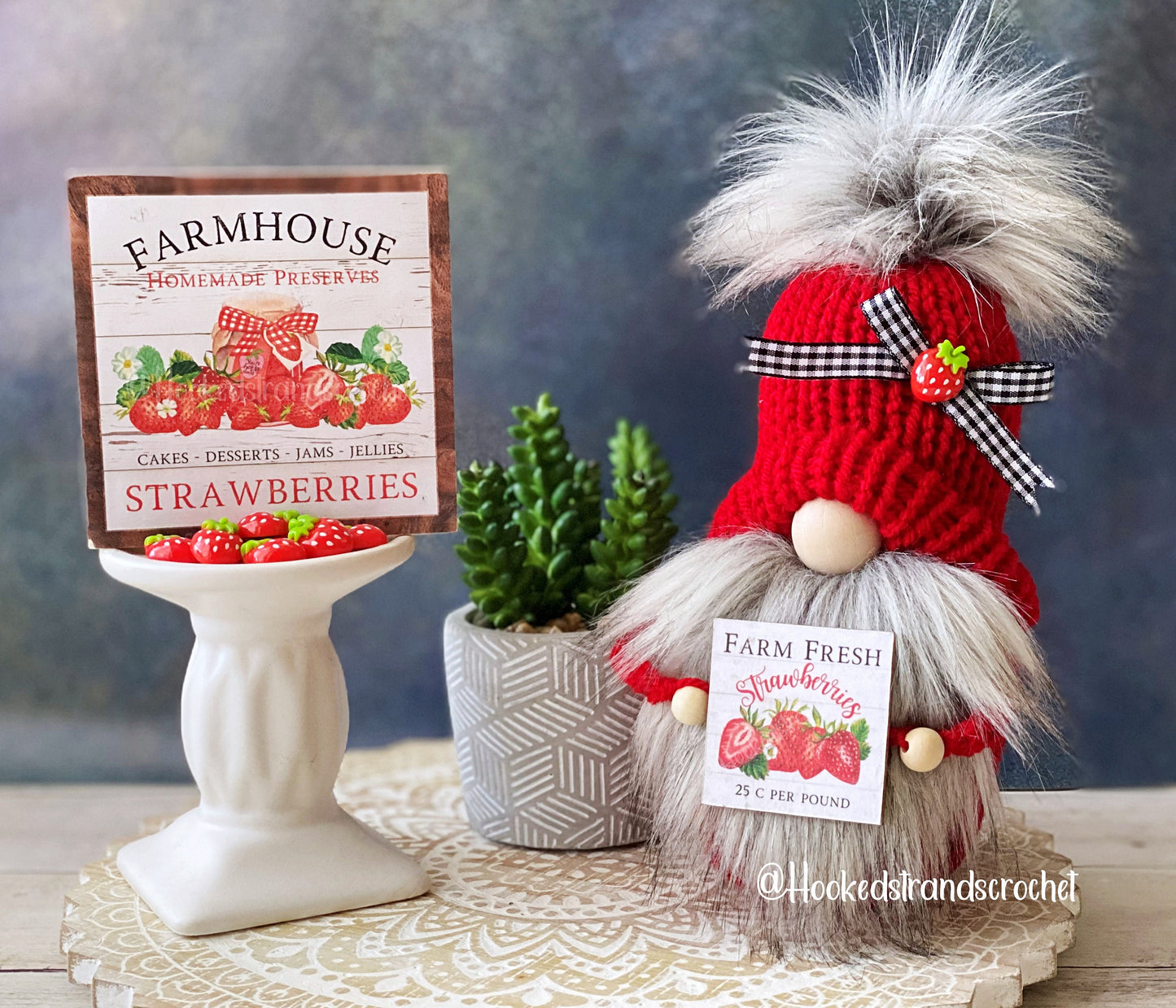 Delightful strawberry-themed gnome with sign - Tiered tray decor - Kitchen fruit