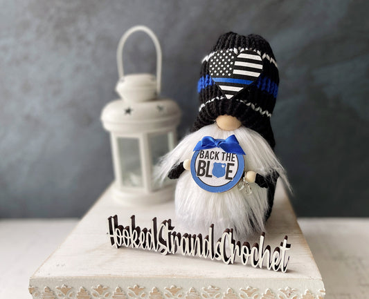 Police officer gnome, First responder gnome, Tiered tray decor, Thin blue line decor, Hero gnome, Gift idea, Knit gnome