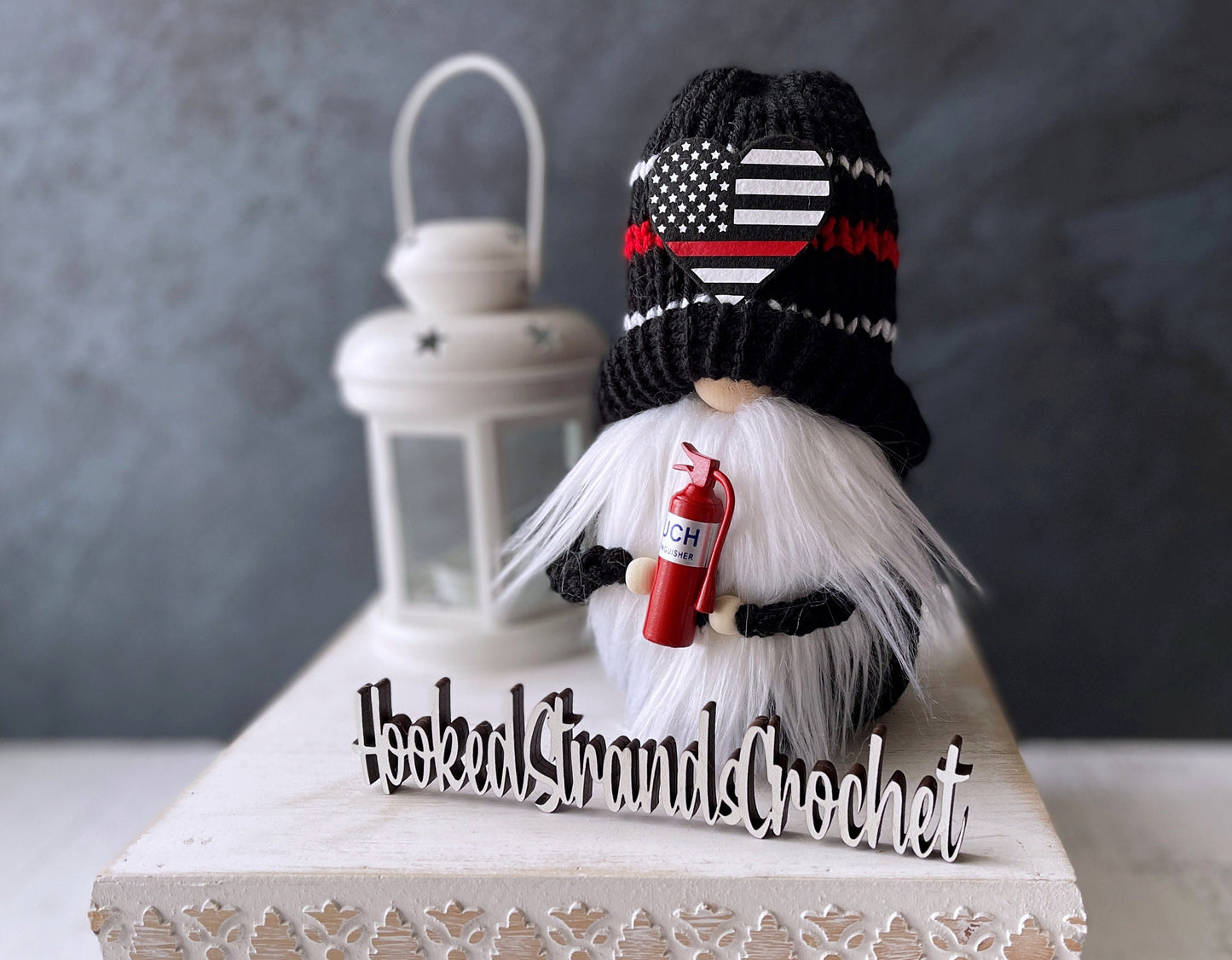 Firefighter gnome, First responder gnome, Tiered tray decor, Thin red line decor, Hero gnome, Gift idea, Knit gnome