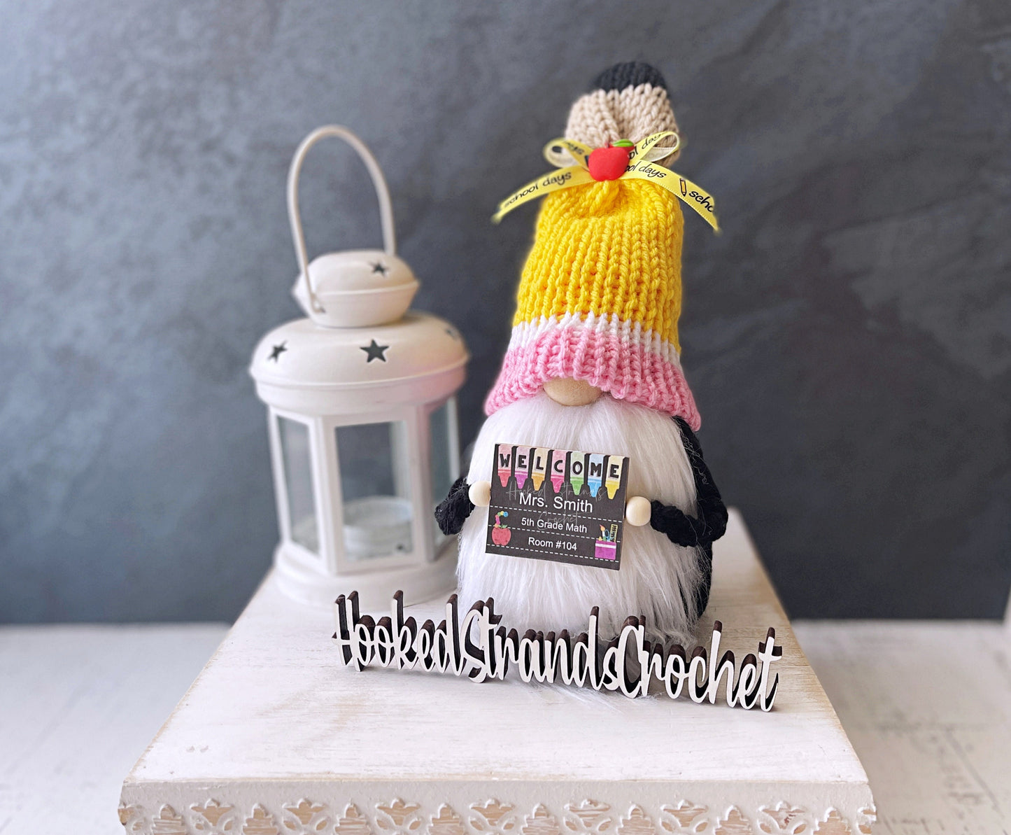 Teacher gnome, School decor, Tiered tray decor, Teacher gift, Farmhouse gnome, Knit gnome, Pencil gnome