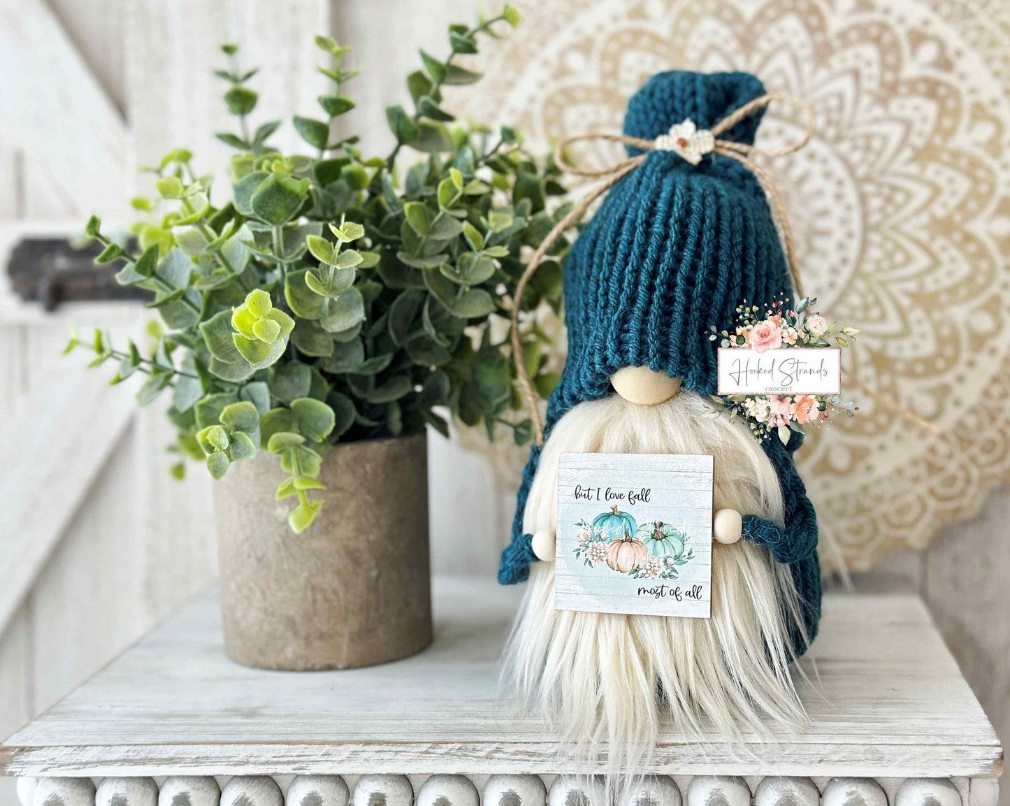 Handmade Knit Teal Fall Gnome: Perfect Addition to Your Autumn Tiered Tray Display