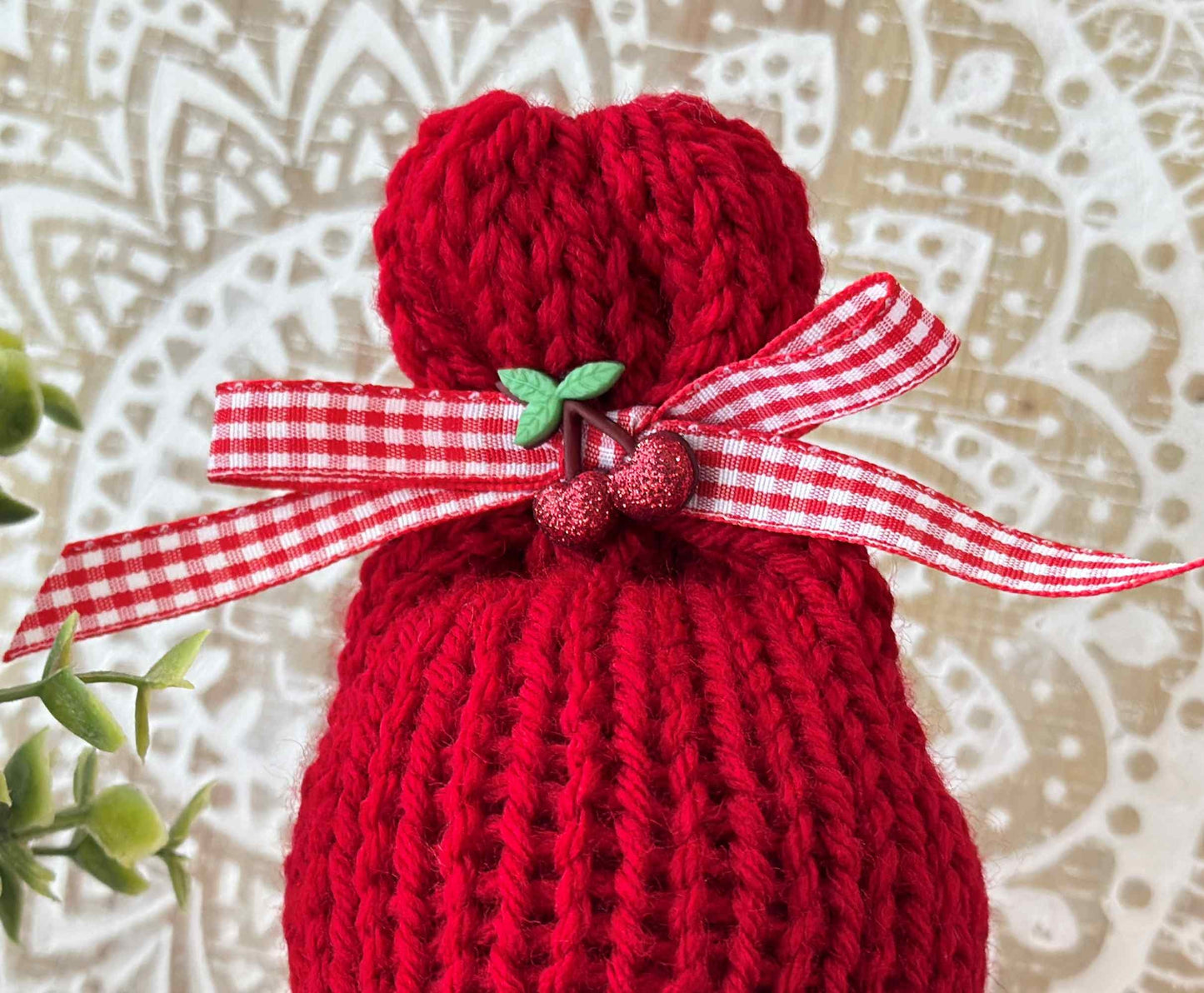 Whimsical Knit Cherry Gnome with Sign - Tiered Tray Decor for Summer and Kitchen