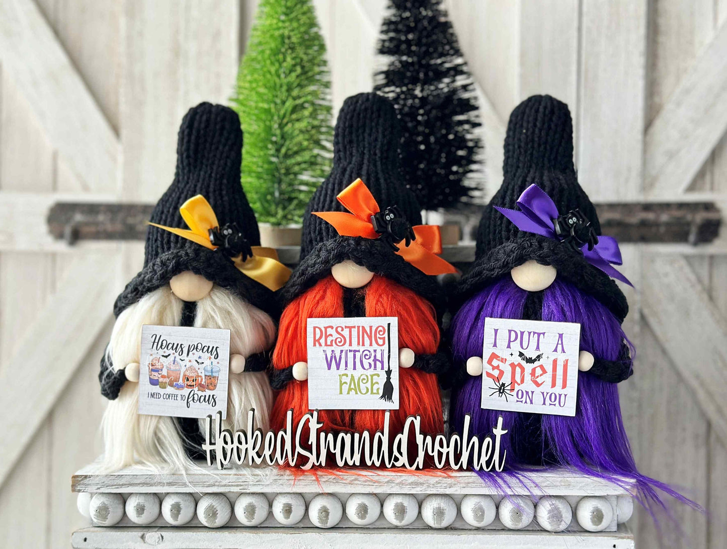 Enchanting Halloween Knit Gnomes Inspired by Hocus Pocus Sanderson Sisters for Tiered Trays